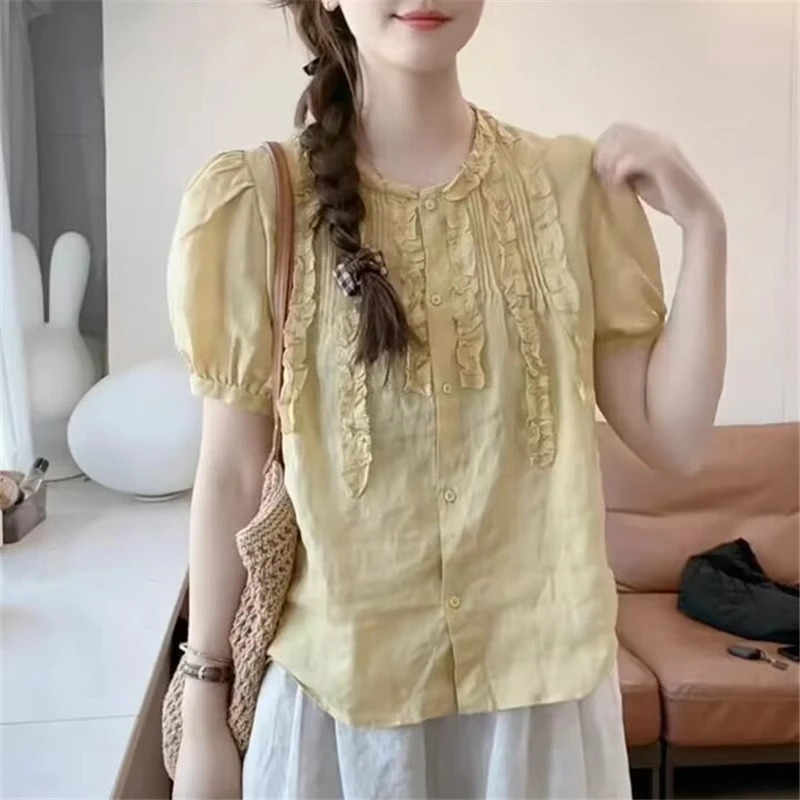 法式棉麻短袖上衣小衫女薄款2025夏季新款小个子气质百搭亚麻衬衫