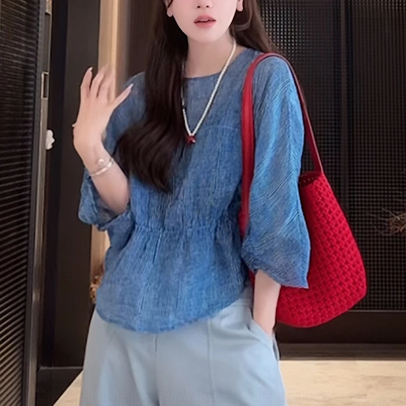 条纹蓝色衬衫女士2025夏季新款洋气减龄宽松休闲收腰显瘦亚麻上衣