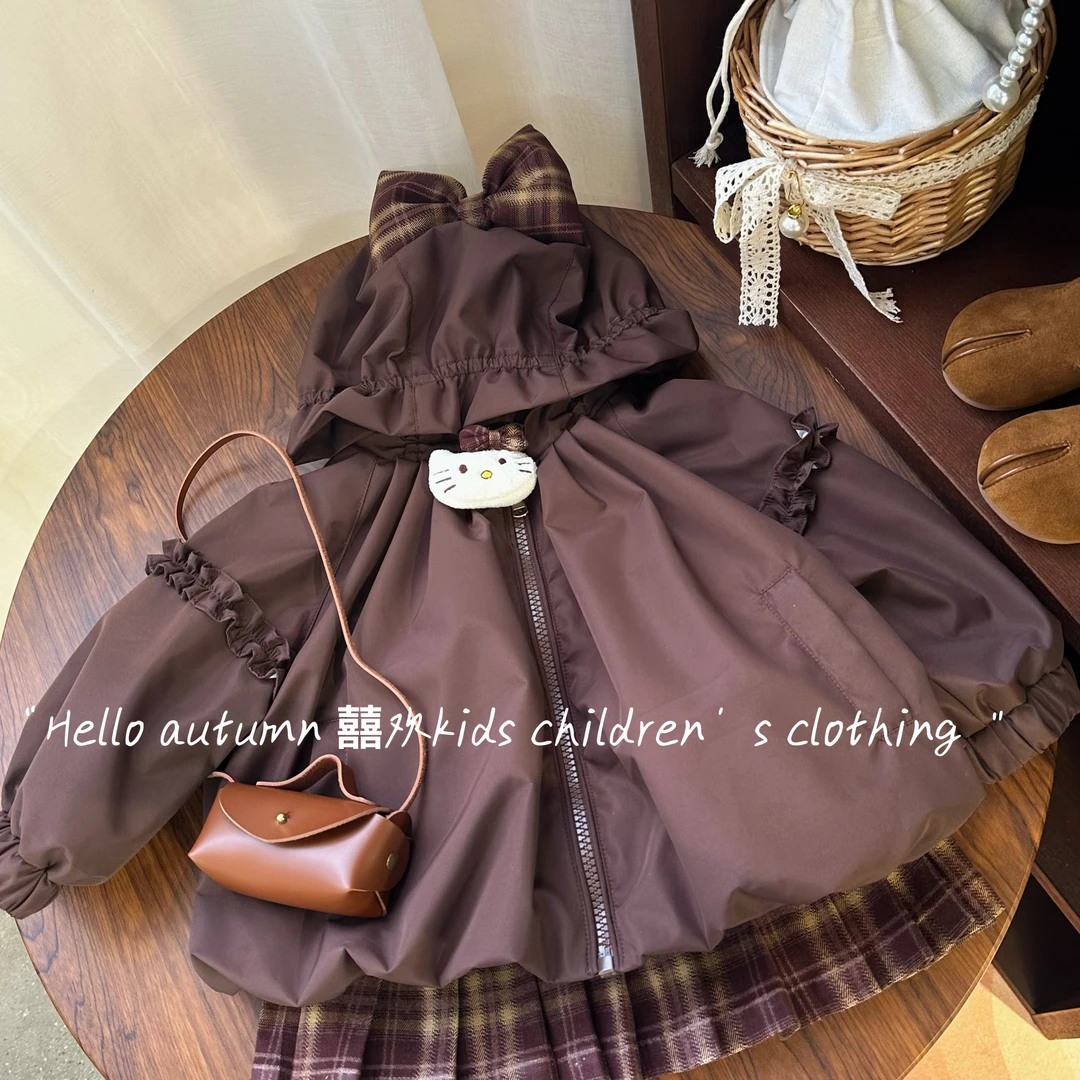 女童新款航班咖色风衣外套女宝连帽洋气时尚2025