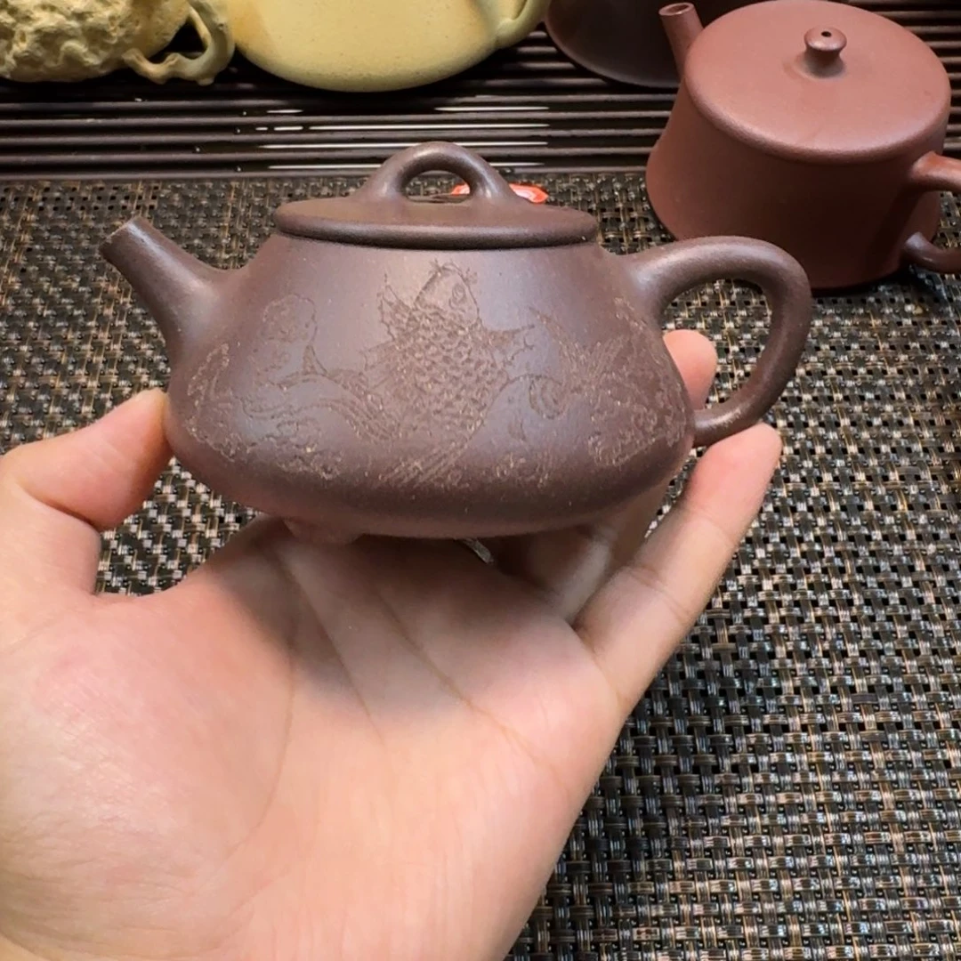 茶壶紫砂21号紫砂壶平盖石瓢刻绘
