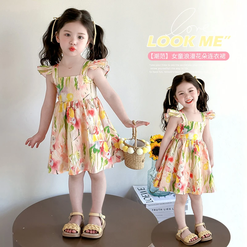 女童夏季浪漫花朵公主裙2025新款女小童时尚吊带小清新碎花连衣裙