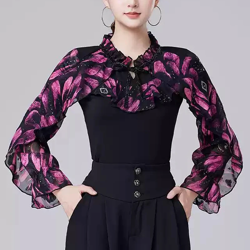 广场舞新款洋气拉丁舞上衣女长袖现代舞练功服