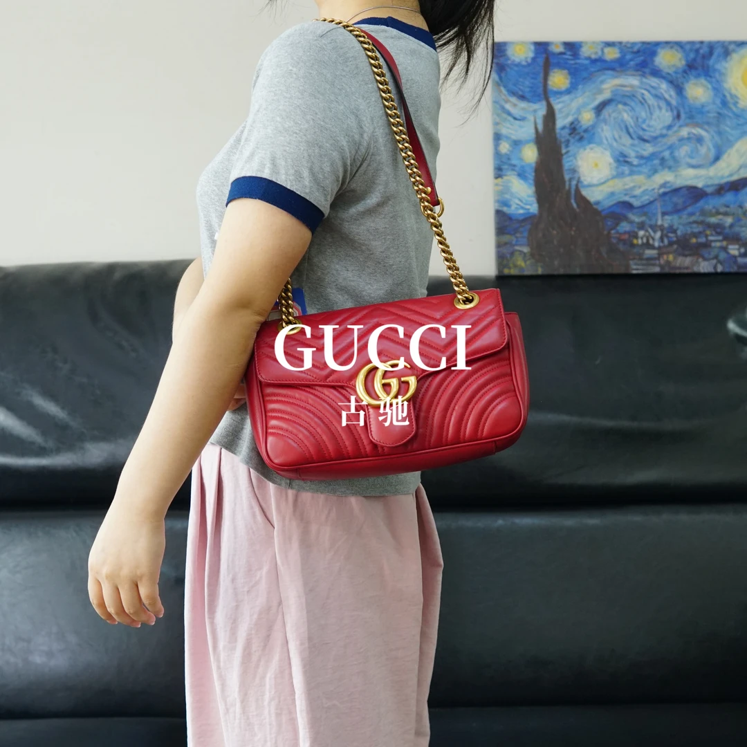 95新 GUCCI/古驰 红色马蒙链条包/WJ05208822/8822母亲节礼物
