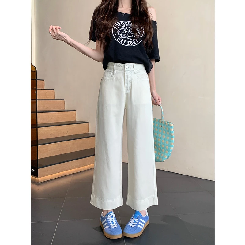夏季宽松高腰显瘦百搭阔腿直筒薄款休闲时尚白色外穿牛仔裤女年夏