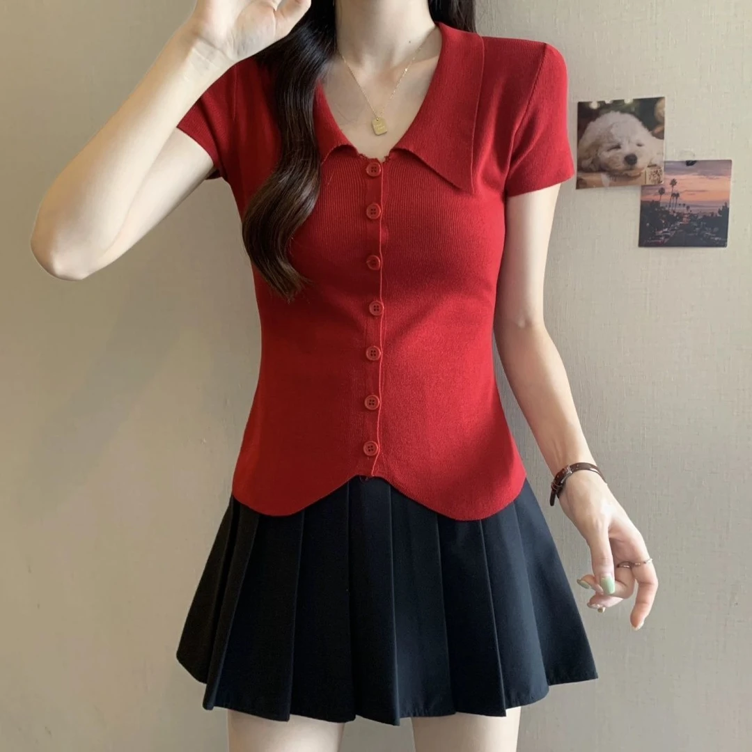 法式不规则红色针织衫夏时髦气质靓丽显白新款毛衣时尚流行上衣女