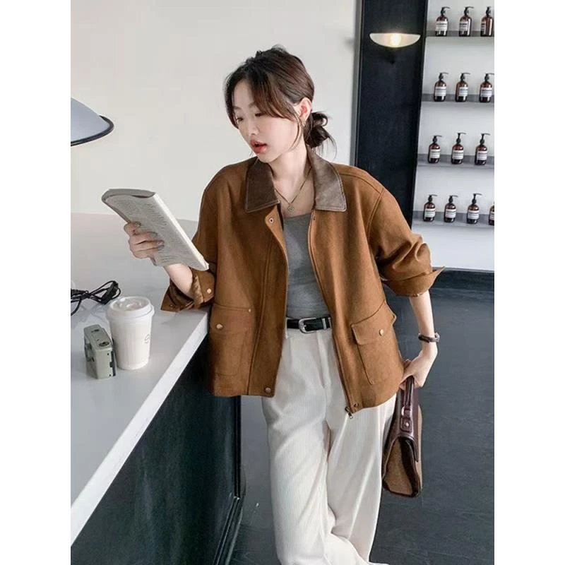【136】LUOSHI/2025秋季美拉德棕色麂皮绒气质休闲夹克韩系外套女