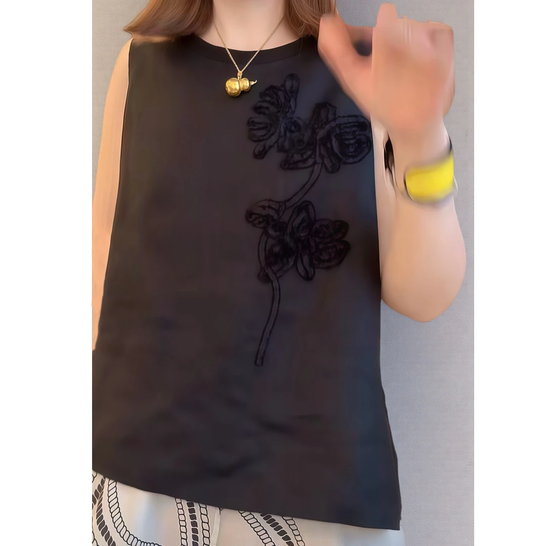 【芍药花亚麻背心】圆领无袖背心侧开叉短袖设计感时尚洋气上衣女潮