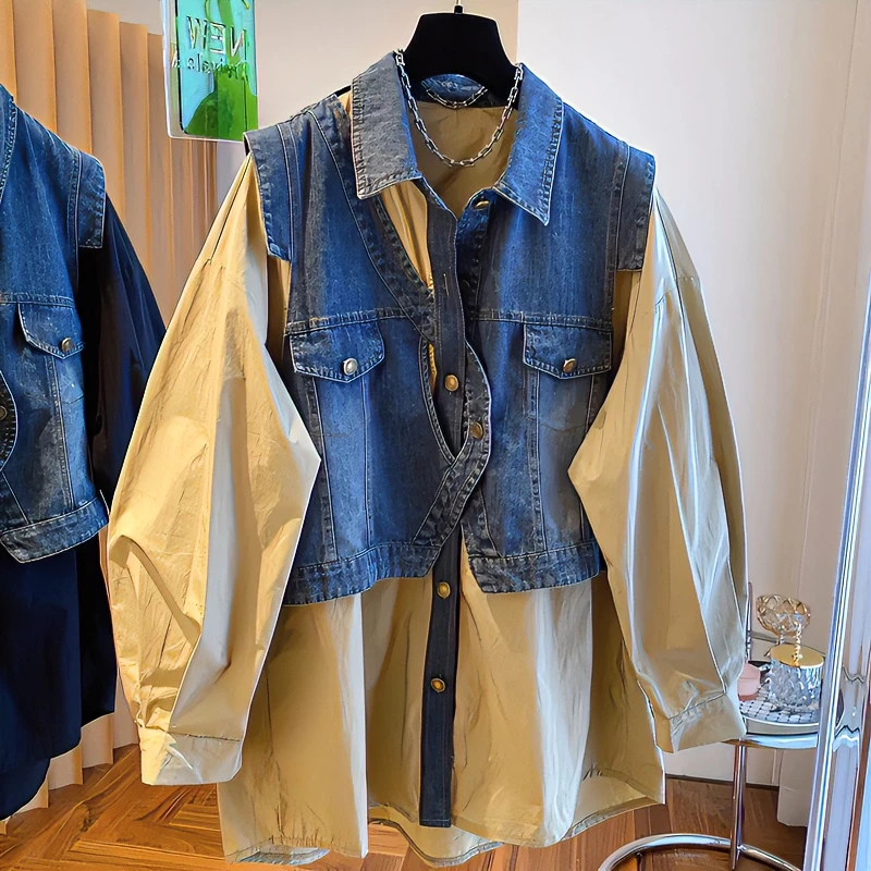 9359时尚遮肚显瘦假两件衬衫女秋宽松藏肉设计感牛仔拼接长袖上衣