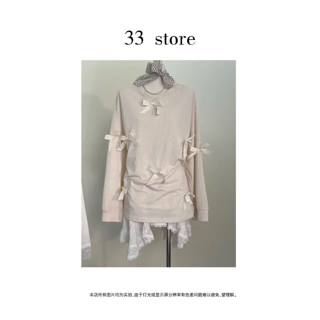 【3】-【蝶语】2025休闲风韩系蝴蝶结装饰宽松长袖T恤洋气衣服女