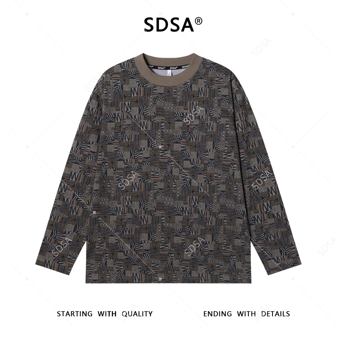 SDSA男士秋冬新款痞帅男装满印抽象图案圆领长袖T恤复古百搭上衣