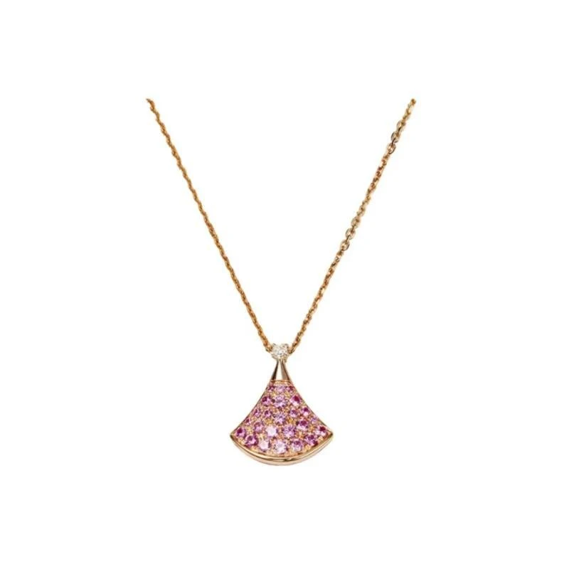 99新 BVLGARI/宝格丽  18k玫瑰金扇子粉钻满钻项链小号