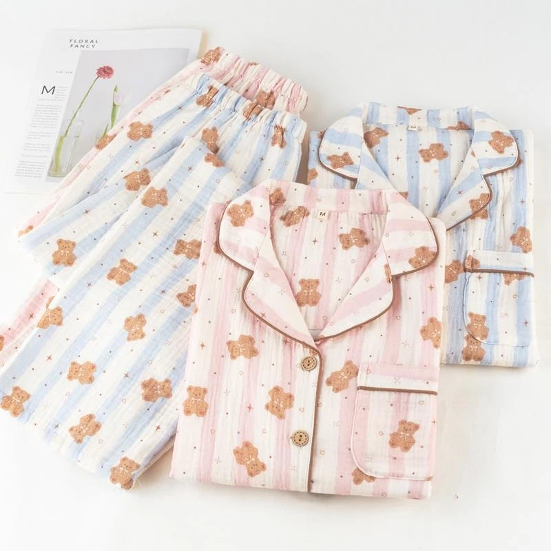 2025新款条纹熊纯棉双层纱布睡衣女春秋季长袖全棉学生家居服套装