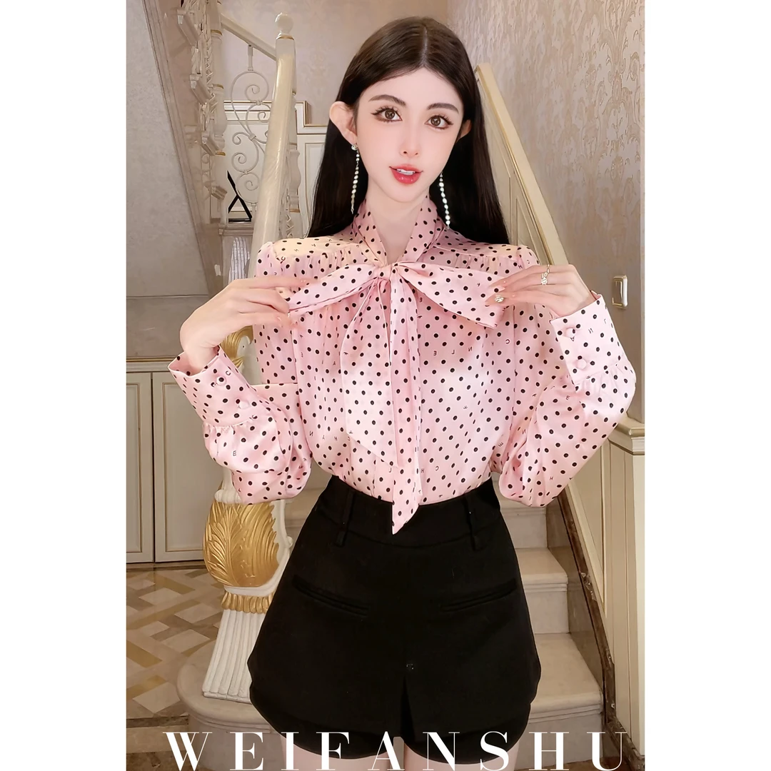 WEIFANSHU/魏凡舒【轻法假日】早春新款法式时尚甜美波点真丝衬衫