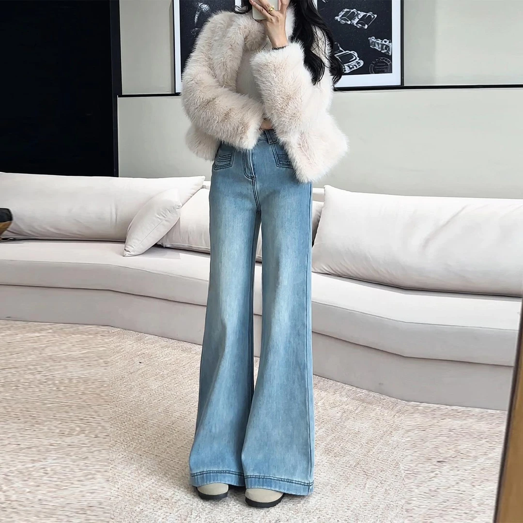 浅蓝色小个子加绒微喇牛仔裤女2025秋冬新款宽松不贴腿喇叭拖地裤