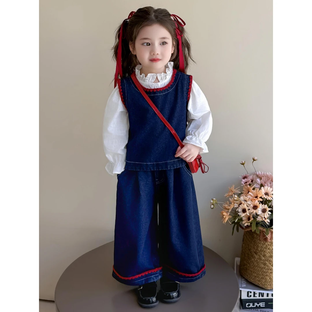 女童韩版春秋季阔腿裤牛仔套装女宝宝2025新款时髦三件套秋装森系