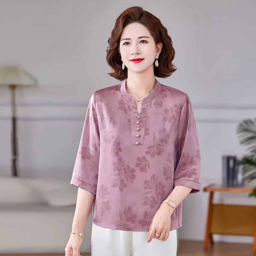 新中式提花缎面中年妈妈装夏季新款Z宽松显瘦时尚女装V领中袖小衫