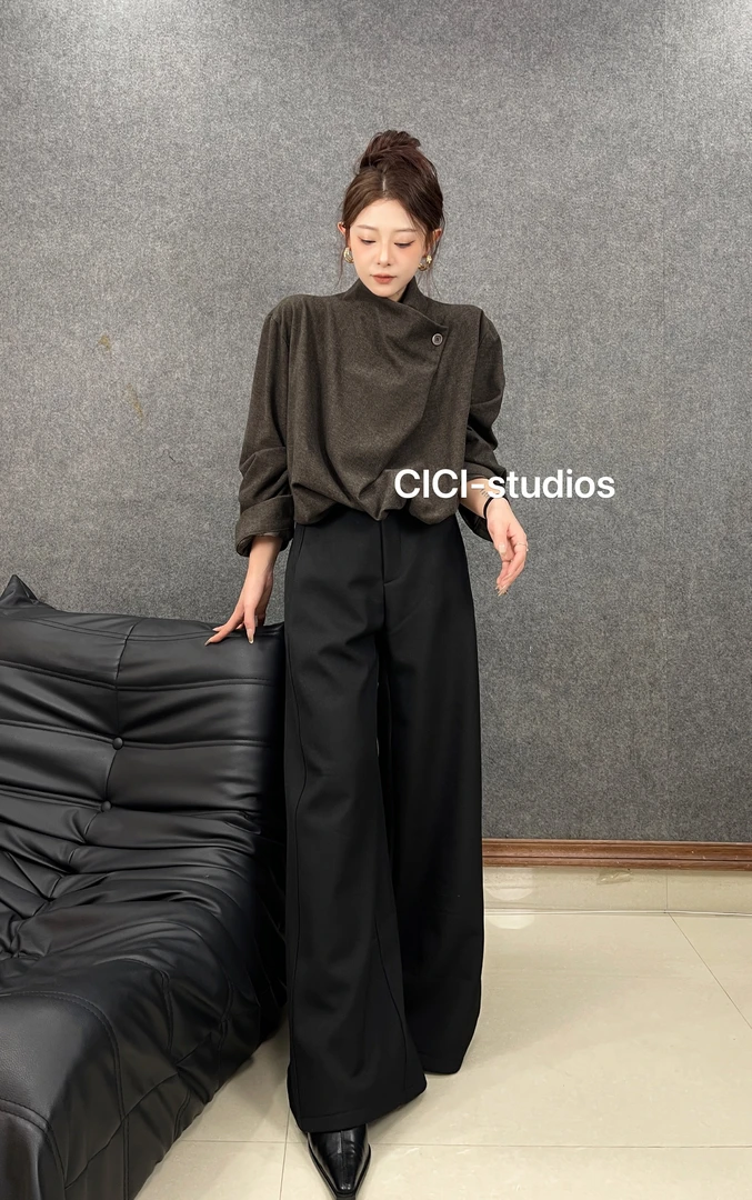 CICI休闲气质长袖老钱风秋冬打底衬衫小众网红设计T恤极简时尚女