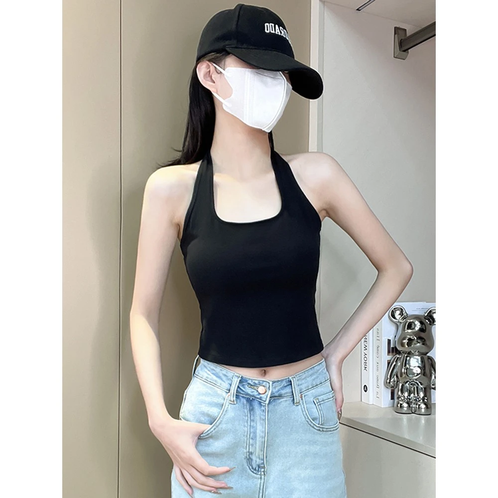 挂脖吊带背心女内搭夏季2025新款美背设计感运动外穿黑色短款上衣