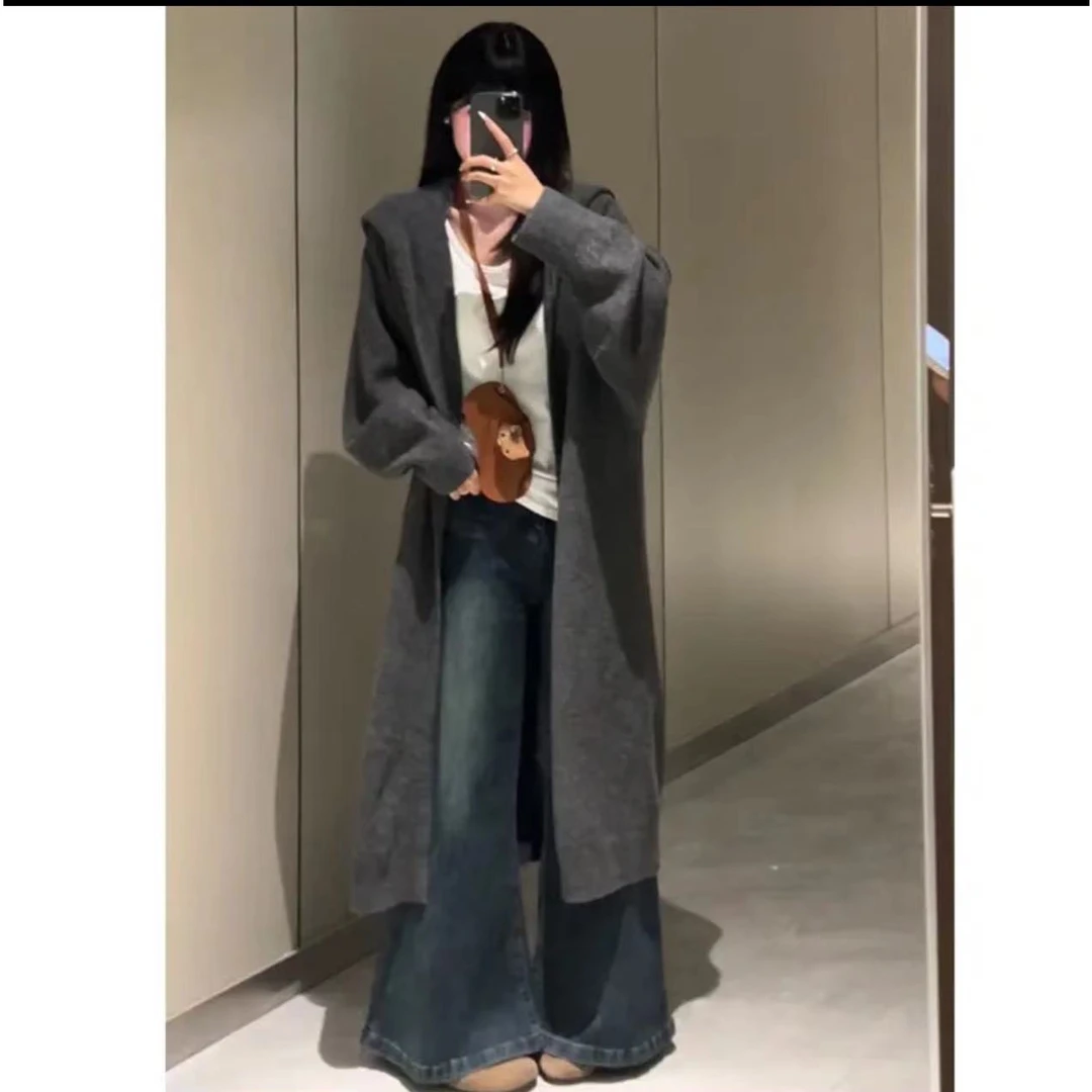 两根纱2025新款针织开衫女百搭连帽宽松大衣慵懒