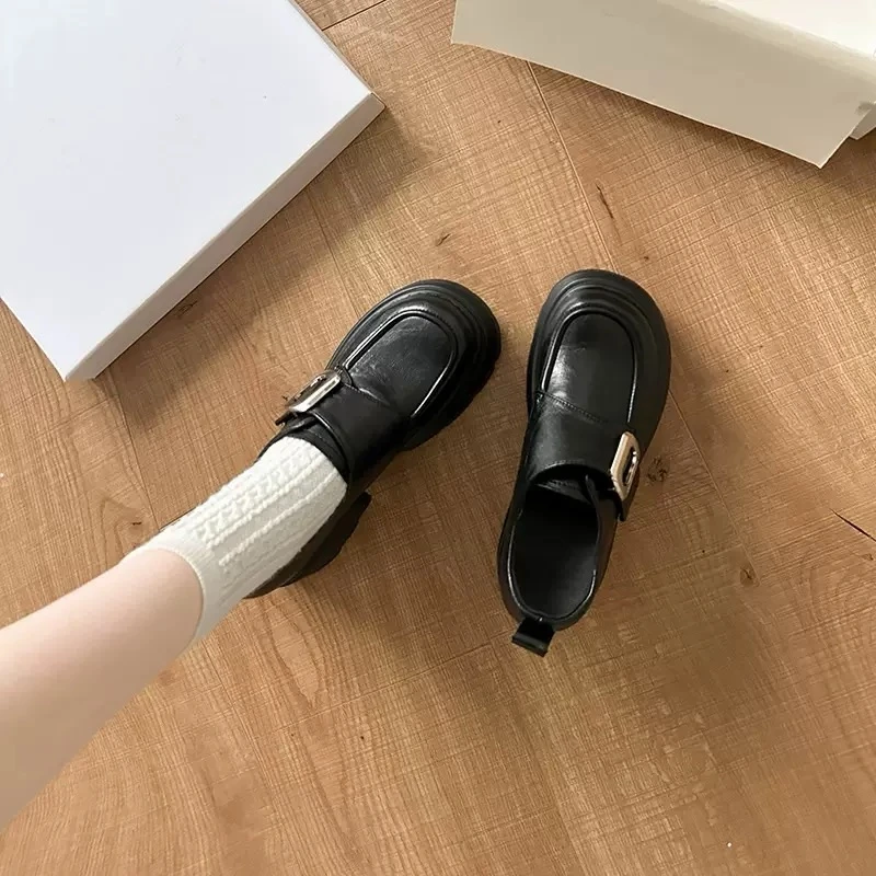 秋季真皮乐福鞋女韩版厚底魔术贴小皮鞋女搭扣休闲小单鞋女