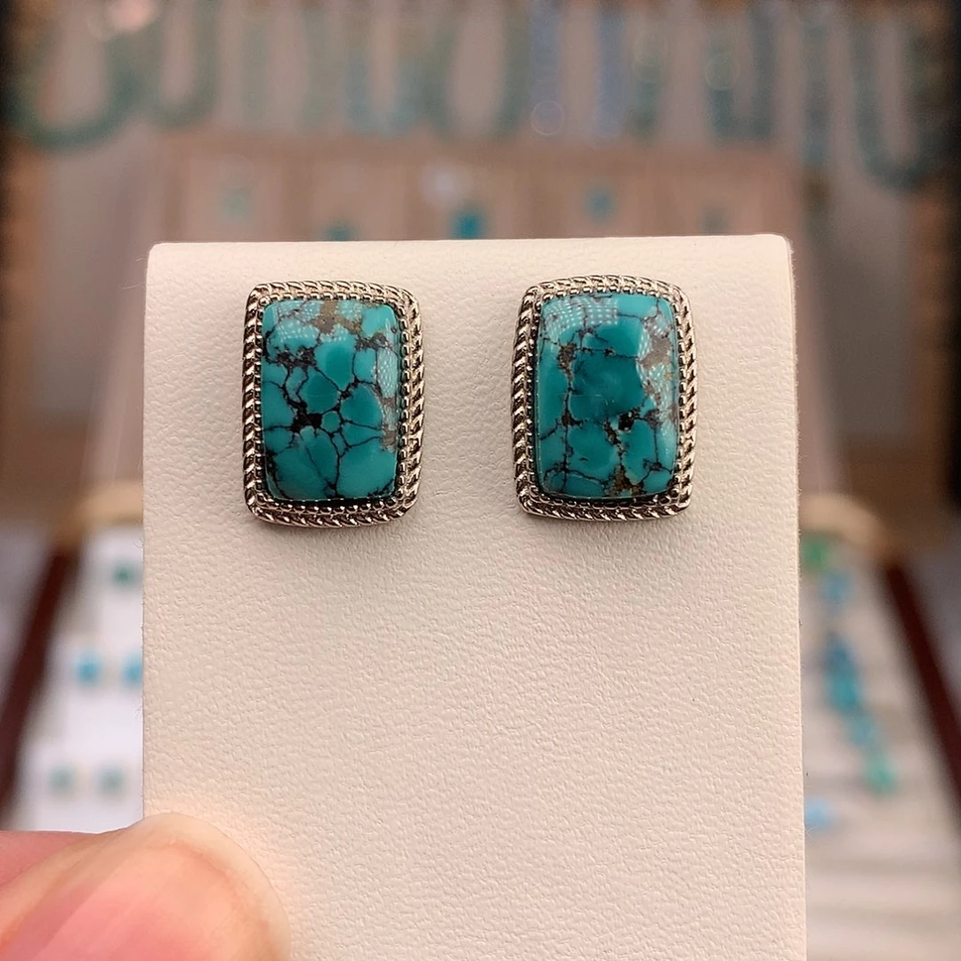 绿松石银S925镶嵌耳饰