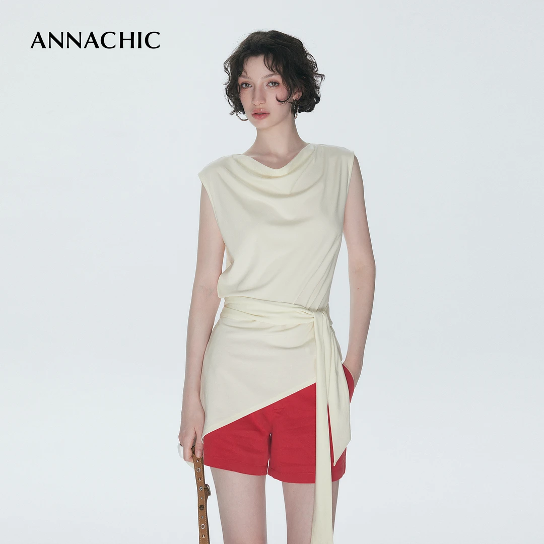 ANNACHIC解构绑带_不对称设计荡领无袖t恤女_ 收腰显廋坎肩上衣