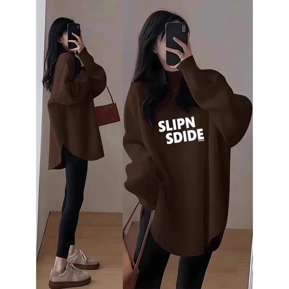 咖色遮屁股叠穿加绒打底衫女内搭字母德绒加厚百搭慵懒长袖t恤冬