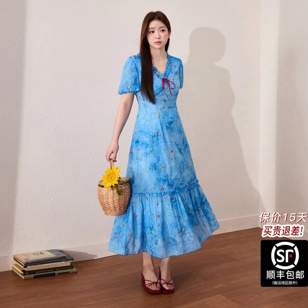 蓝语大码女装绝美蓝色琉璃绣花连衣裙夏季新款掐腰显瘦a字茶歇裙