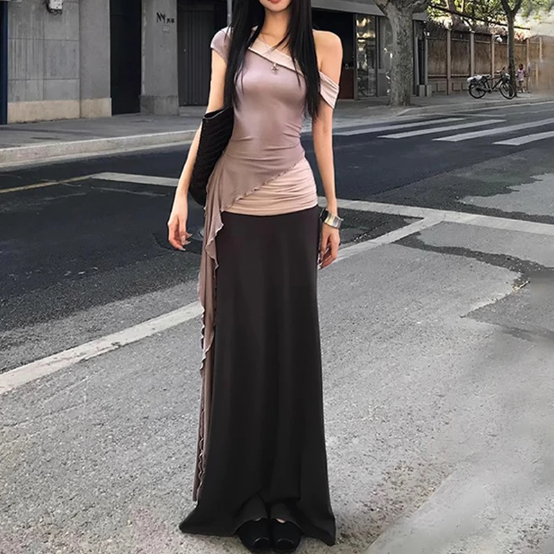 夏季新款法式套装斜肩拼接短袖高冷御姐上衣长裙包臀裙设计感套装