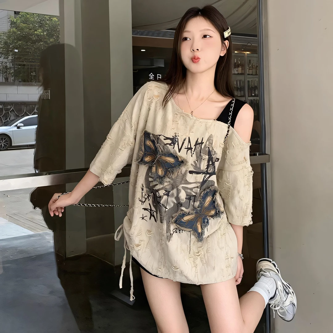 夏季新款破洞短袖T恤女士时尚蝴蝶辣妹露肩穿搭微胖显瘦女生穿搭