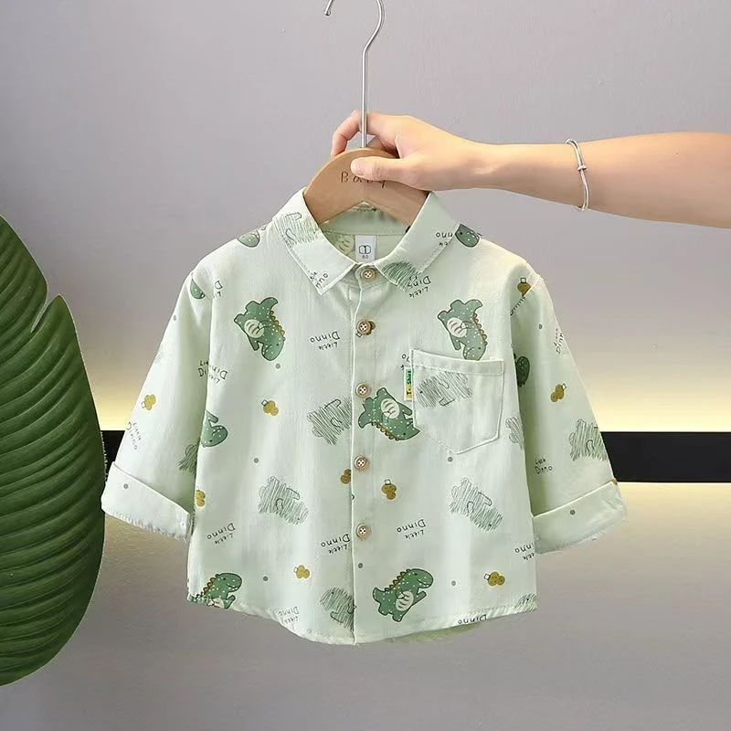 2025秋季儿童新款纯棉卡通印花洋气长袖衬衫男宝透气百搭
