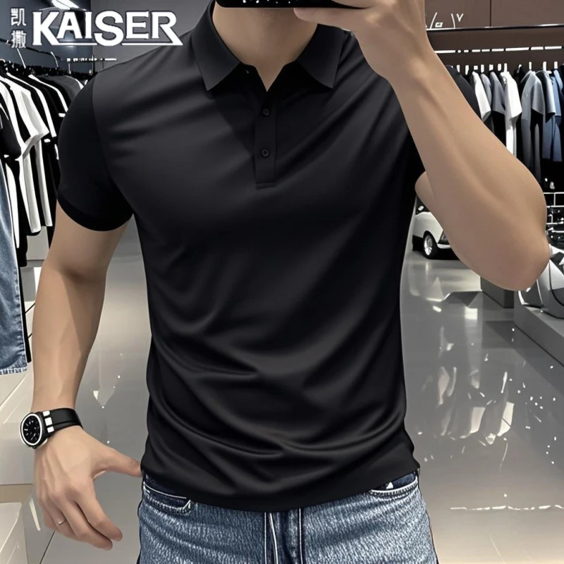 凯撒男士polo衫夏季休闲修身商务通勤冰丝短袖男t恤翻领白色半袖