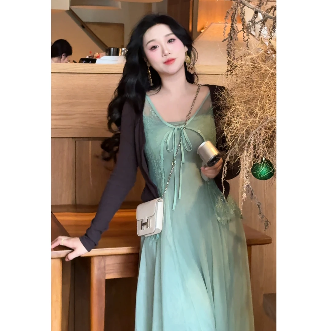【绿野春风】复古修身显瘦气质法式开衫绿色吊带蕾丝连衣裙时尚套装
