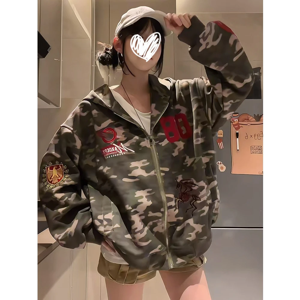 美式复古迷彩街头长袖连帽卫衣外套女秋季小众宽松慵懒拉链上衣