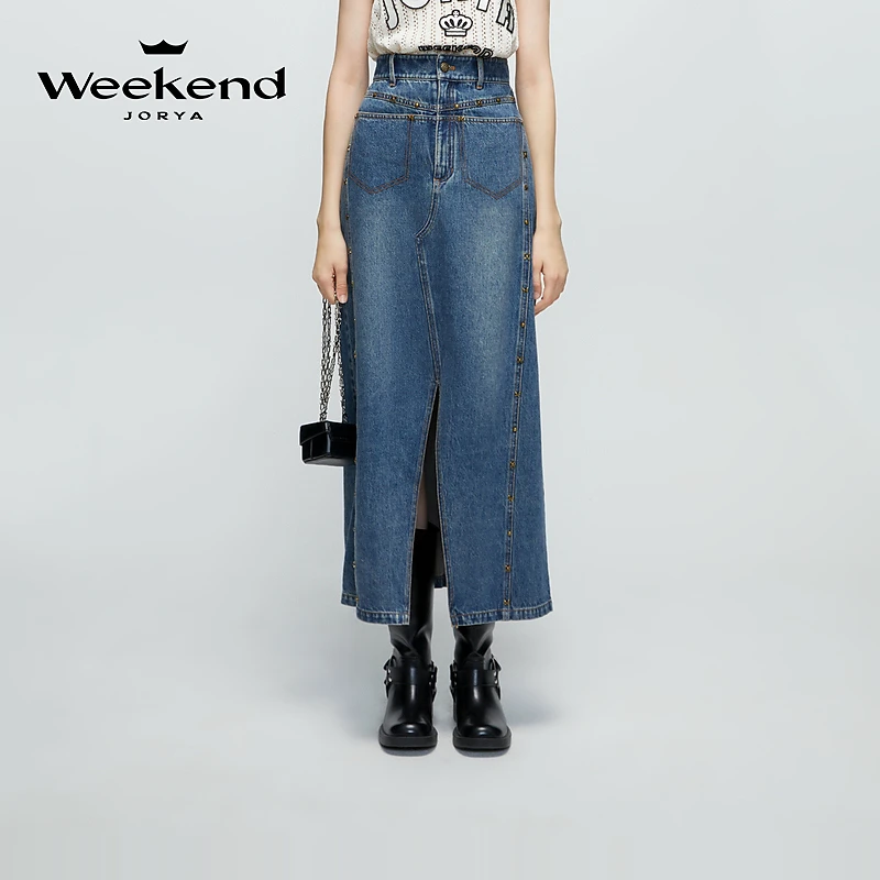 卓雅周末设计高腰直筒水洗牛仔半身长裙EJWEAS05