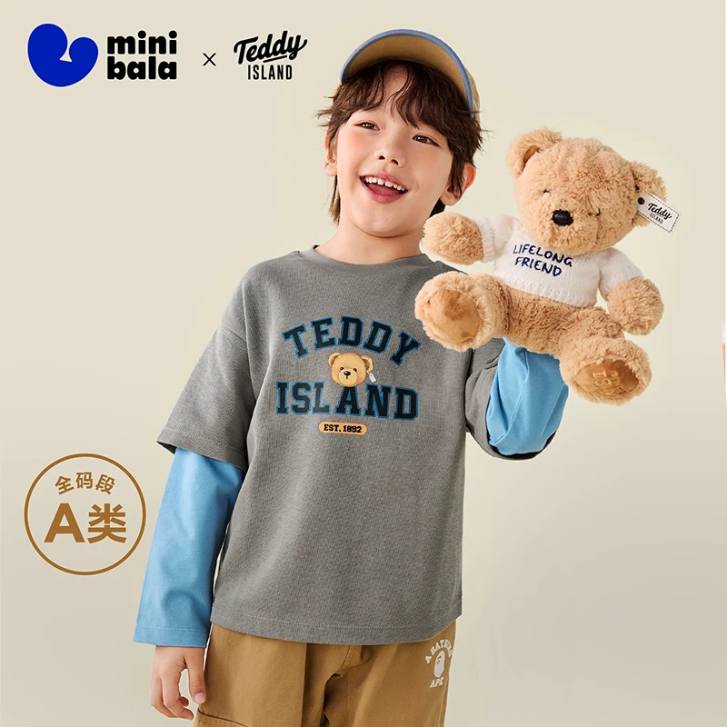 [泰迪熊联名IP]迷你巴拉男女童长袖T恤儿童假两件2025秋新品