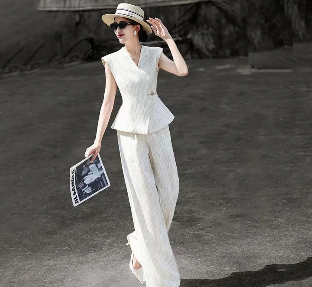 夏季新款高级感无袖套装收腰显瘦马甲阔腿裤两件套装女2577