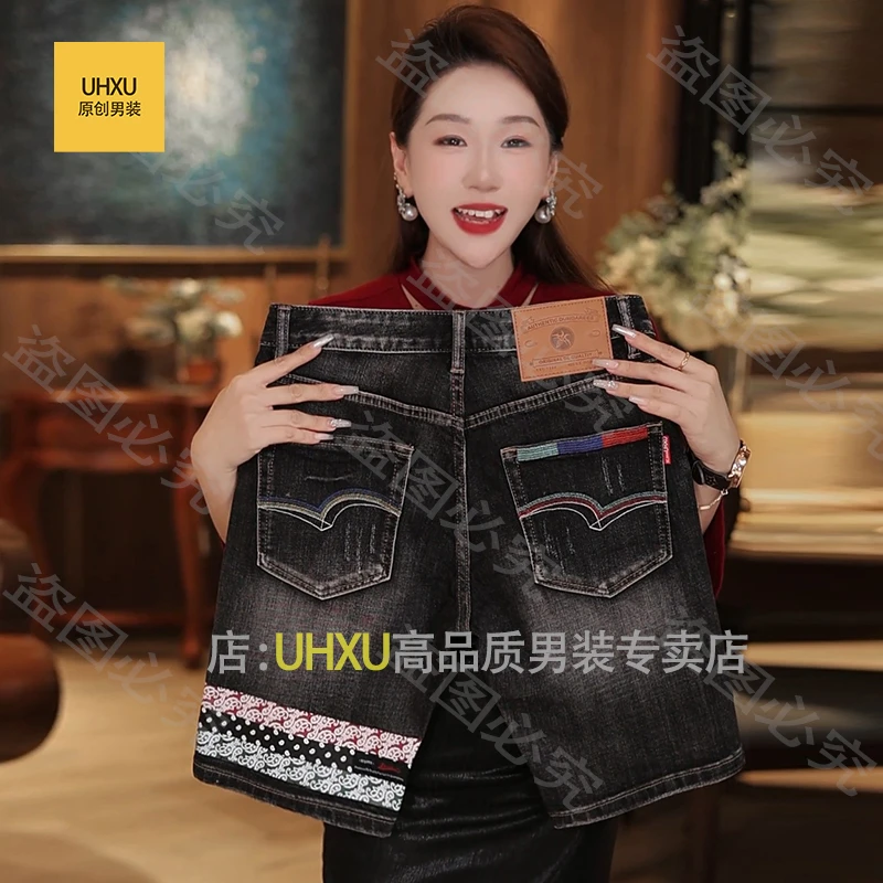 UHXU轻奢刺绣夏季新款黑色牛仔短裤男修身直筒五分裤休闲复古中裤