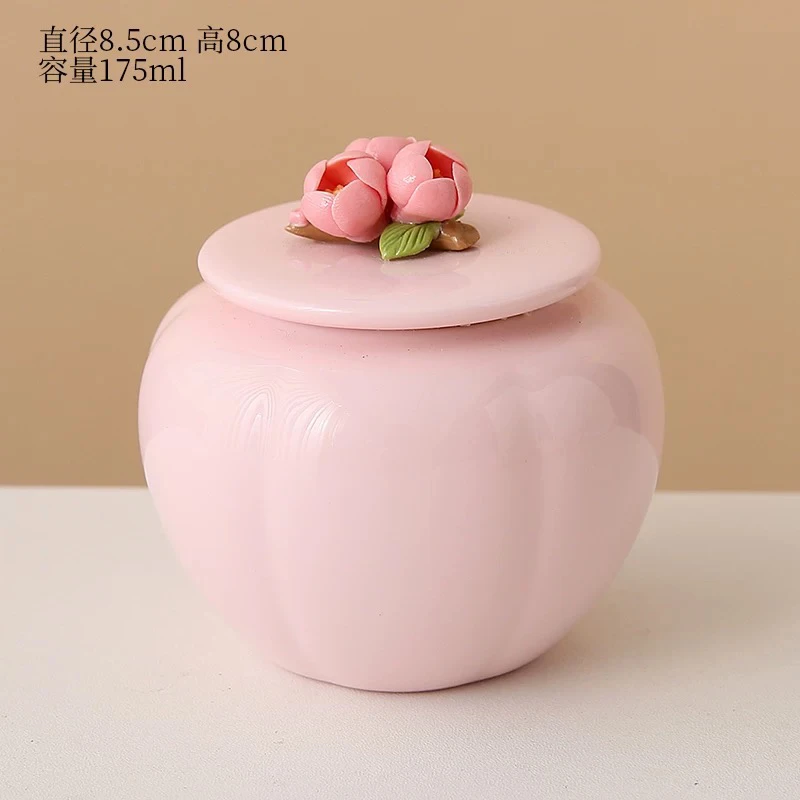汤大壮【茶叶罐】粉色陶瓷手工捏花茶叶罐储茶罐