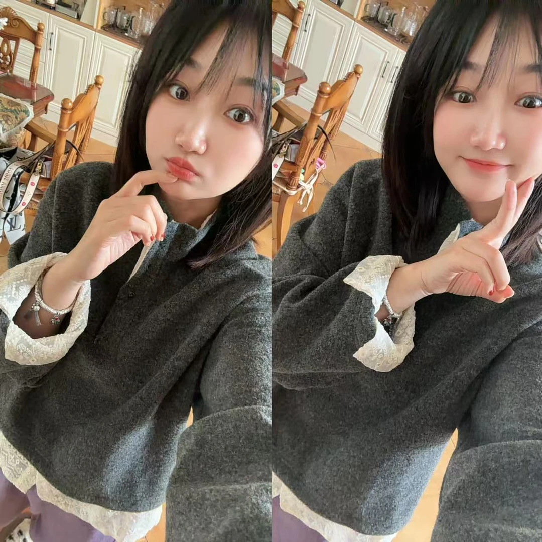 【精致满满】【含羊毛】 【蕾丝刺绣】时尚洋气百搭休闲宽松拼接卫衣