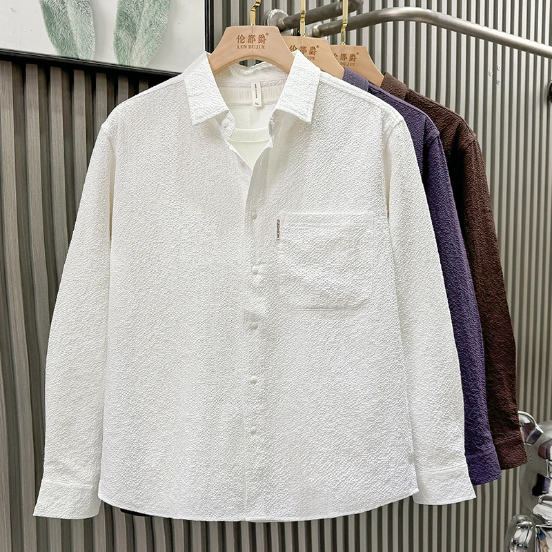 早秋新款时尚轻奢品质泡泡纱日系男装长袖衬衫文艺松驰感男士衬衣