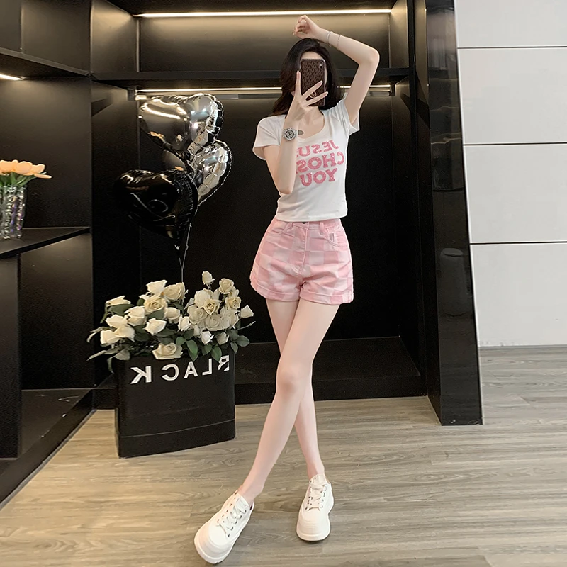 少女风辣妹夏季运动时尚套装洋气休闲短袖T恤百搭牛仔短裤两件套