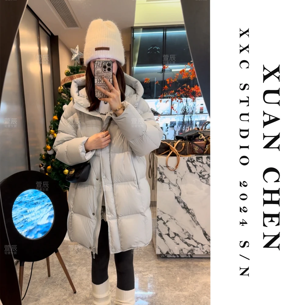 【初雪时分】韩版连帽90白鸭绒加厚羽绒服冬季窄版中长款外套#3913