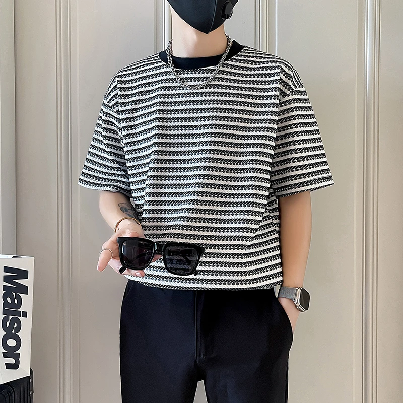 条纹男士短袖t恤夏季高级感网红款洋气炸街男装衣服痞帅圆领半袖