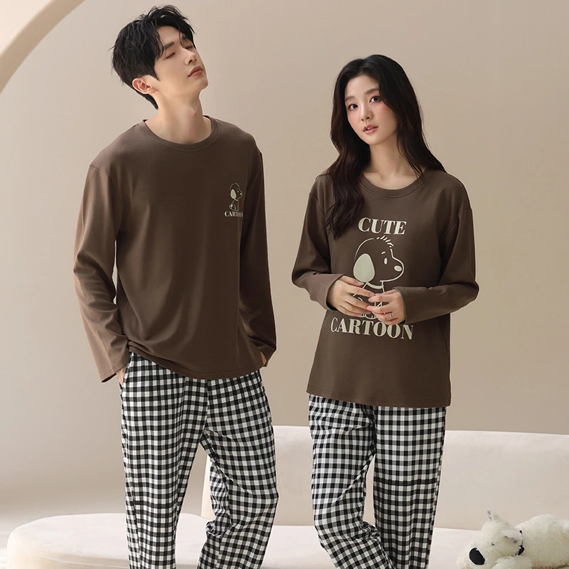 春秋季格子卡通纯棉带胸垫长袖宽松休闲情侣睡衣男士家居服可外穿