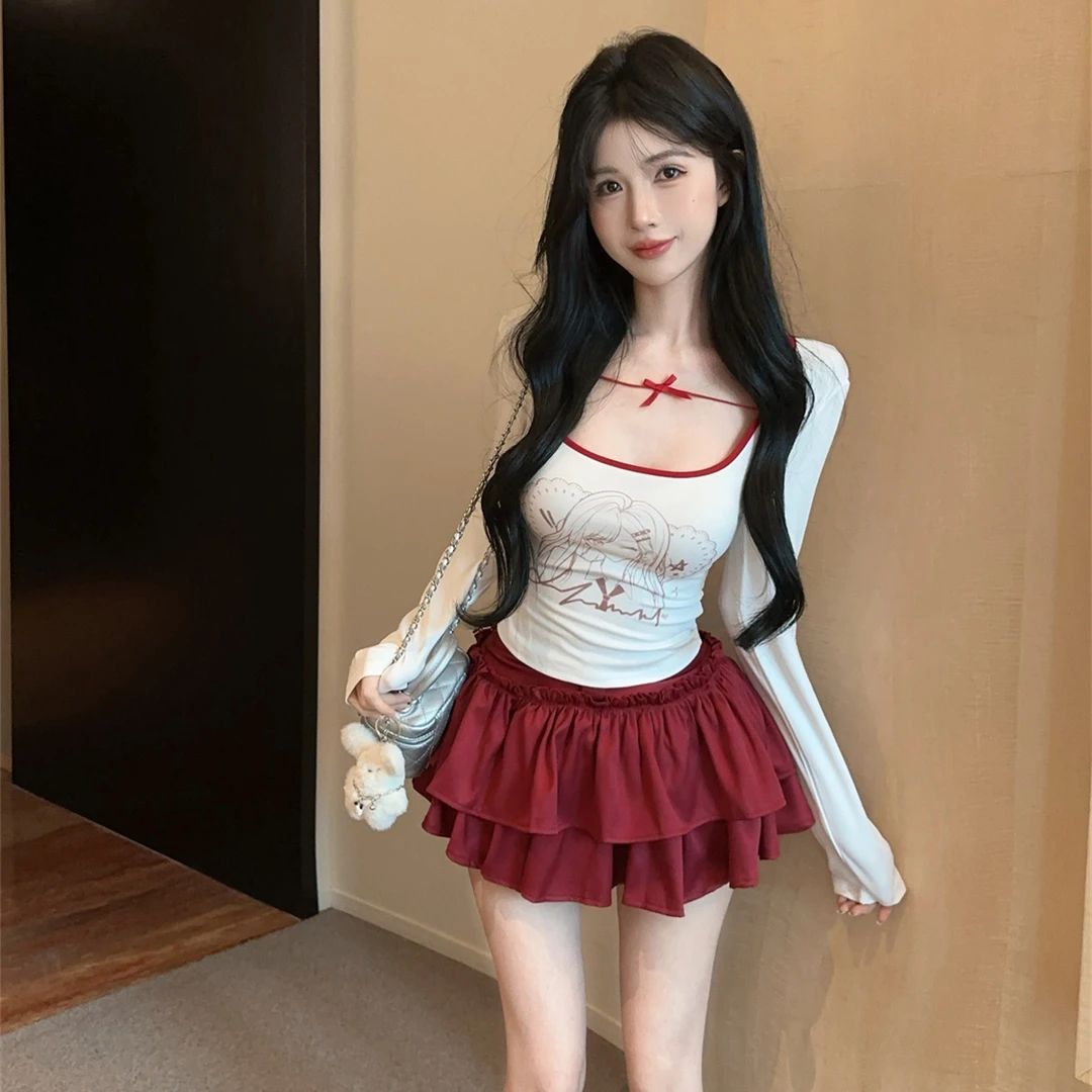 学院风纯欲jk制服套装女春秋甜辣修身长袖上衣红色蛋糕裙子两件套