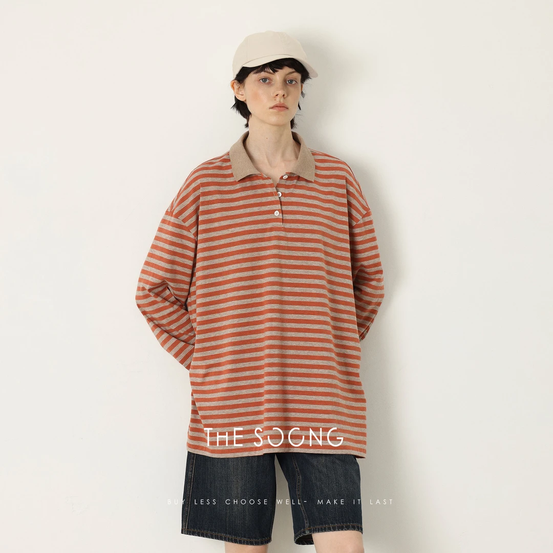 THESOONG|‘橘子调色盘’美式复古条纹宽松长袖亨利衫HWTX7604