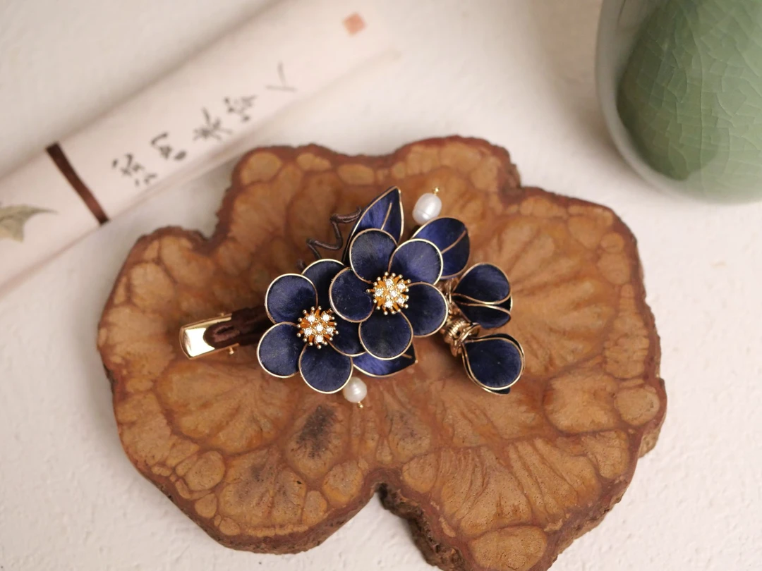 蓝色梅花掐丝绒花发夹手工气质百搭发卡