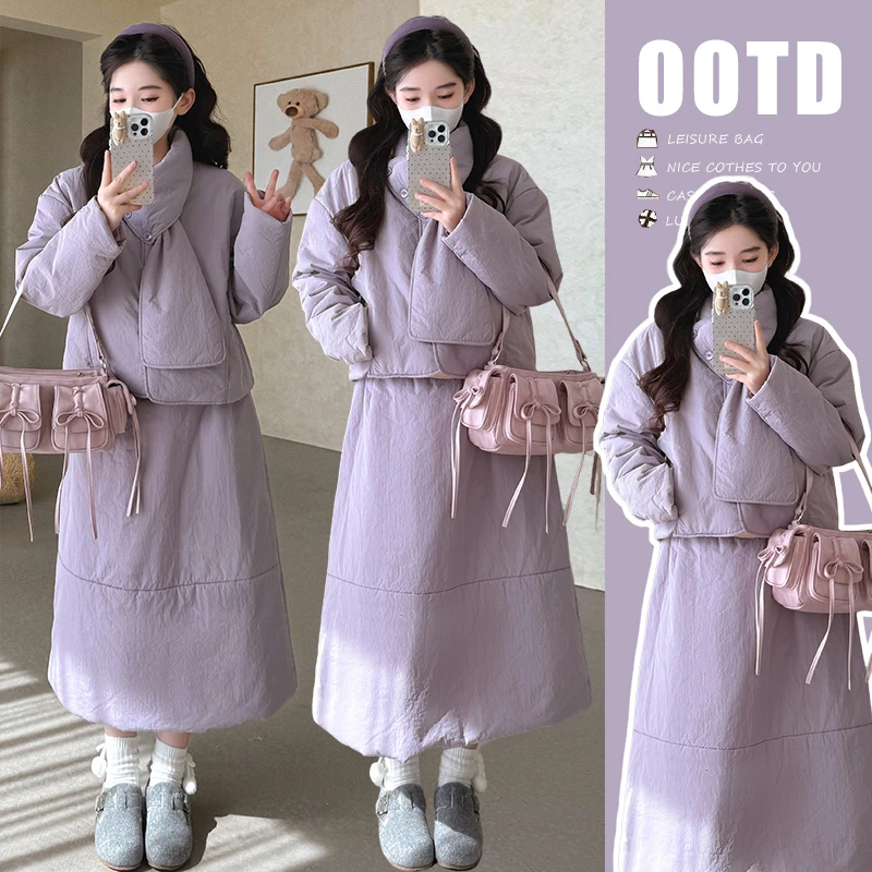 孕妇装秋冬韩版棉服外套+半身裙+围脖 时尚潮妈三件套