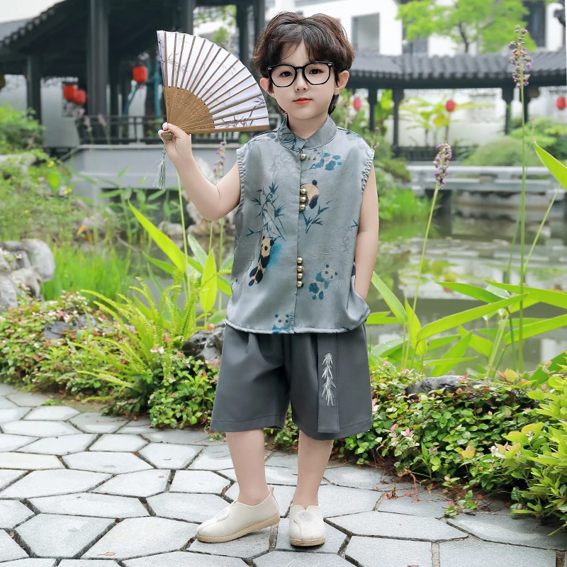 男童新中式国风唐装2025新款宝宝夏季背心套装儿童时髦坎肩两件套